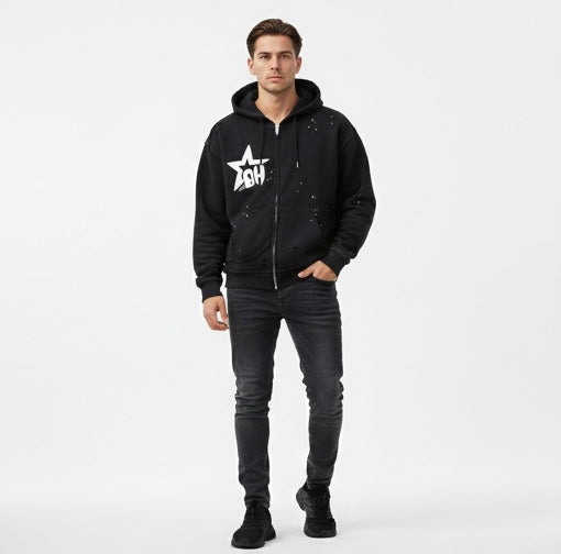 Billionaire Hustle Sun Fade Frayed Raw Edge Fleece Zip Hoodie